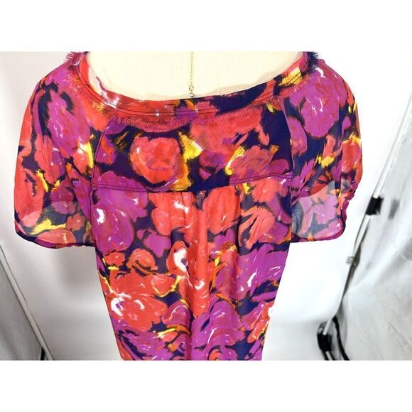 Liz Claiborne Large Top Colorful Semi-Sheer V Neck Flowy Tunic Blouse - Picture 6 of 10